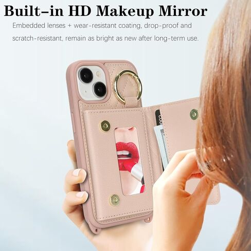 for iPhone 13 Phone Case with Card Holder and Strap for Women, Crossbody Bag with Ring Stand Make Up Mirror Wallet Case for Apple13 Purse - Black in Kuwait