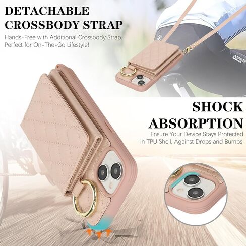 for iPhone 13 Phone Case with Card Holder and Strap for Women, Crossbody Bag with Ring Stand Make Up Mirror Wallet Case for Apple13 Purse - Black in Kuwait