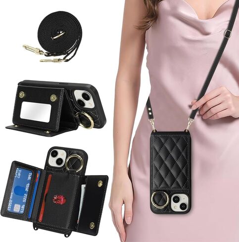 for iPhone 13 Phone Case with Card Holder and Strap for Women, Crossbody Bag with Ring Stand Make Up Mirror Wallet Case for Apple13 Purse - Black in Kuwait