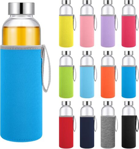 Vesici 12 Set 18 oz Clear Glass Water Bottles, Reusable Glass Juicing Bottles with Colorful Protection Sleeve and Stainless Steel Leak Proof Lids for Milk Smoothie Juice Beverage Tea in Kuwait