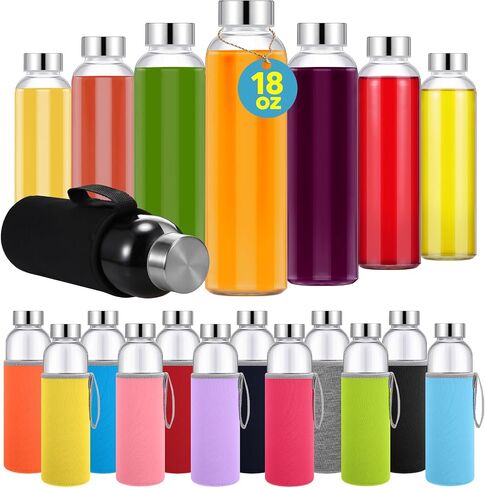 Vesici 12 Set 18 oz Clear Glass Water Bottles, Reusable Glass Juicing Bottles with Colorful Protection Sleeve and Stainless Steel Leak Proof Lids for Milk Smoothie Juice Beverage Tea in Kuwait