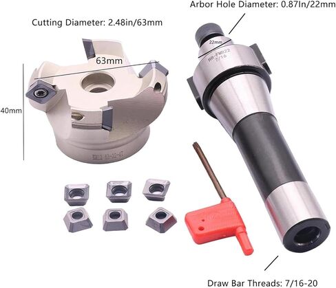 R8 FMB22 7/16-20UNF Shank Face End Mill Arbor and 2"/50mm Cutting Diameter 4-Flute KM12 50-22-4T CNC Face End Milling Shell Cutter with 10Pcs SEKT1204 Carbide Inserts and T20 Wrench in Kuwait