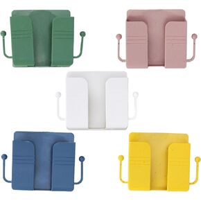 5 Pcs Wall Phone Holder, Wall-Mounted Self-Adhesive Remote Control Organizer Case, Multi-Function Cellphone Storage Box with Hook, Plastic Charging Stand Shelf for Bedroom