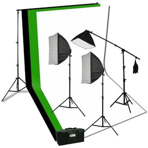 ePhoto Photography Video Studio Portrait Softbox Continuous Photo Video Lighting Kit with Three Softbox,background stand, 10 x 10 Black White Green Muslin, and Carrying Case H9004SB2-1010BWG