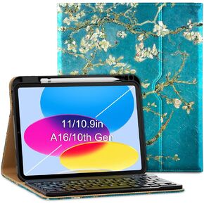 حالة لوحة مفاتيح Vikesi لـ iPad (A16،2025) Generation 11th Generation/iPad 10th Generation (10.9 "2022) ، غطاء ذكي جلدي متميز ، ضوء تنفس مدمج ، صف وظيفة ، حامل قلم رصاص ، فتحات البطاقة - شاي براون