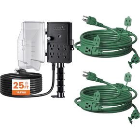 SURAIELEC 25FT Outdoor Dusk to Dawn Power Stake Timer and 2 Pack 25 FT Outdoor Extension Cord with Multiple Outlets