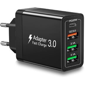 محول توصيل السفر الأوروبي ، 40W 4 PORT USB C European Charger PD 20W QC 3.0 Europe USB C Charger Block to Europe Plug Plug For iPhone 16 15 14 13 12 11 Pros Max XS X 8 ، Galaxy ، Android