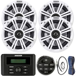 Kicker Weather-Resistant Marine Bluetooth USB RCA Stereo Receiver w/Remote Bundle with (QTY 4) 6.5" 2-Way 195W Max Coaxial Marine Speakers, White Grilles, 50-Ft Wire, Antenna