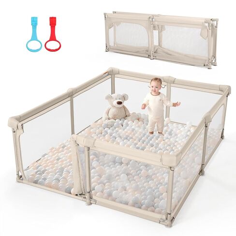 Baby Playpen,79"x59" Foldable Playpen for Babies and Toddlers with Gate,Large Play Pen with Zipper Door,Baby Play Pen Play Area(Khaki) in Kuwait