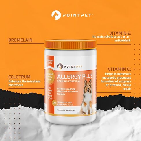 POINTPET Allergy Plus Calming Formula for Dogs - Comprehensive Seasonal Allergy Support - Helps Manage Histamine Levels - Premium 13-in-1 Blend with Colostrum, Bromelain, Chamomile & More in Kuwait