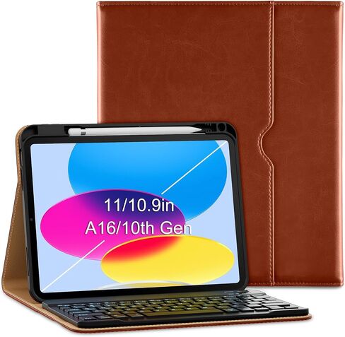 VIKESI Keyboard Case for iPad (A16,2025) 11th Generation/iPad 10th Generation Case (10.9" 2022),Premium Leather Smart Cover,Built-in Breathing Light,Function Row,Pencil Holder,Card Slots - Tea Brown in Kuwait