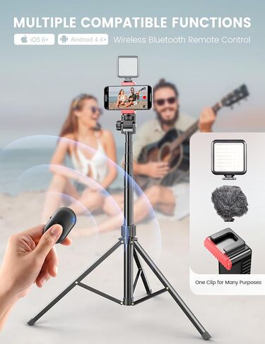 Pnitri 71'' Phone Tripod Stand, Extendable Reinforced Aluminum Phone Stand with Wireless Remote, Stable Cellphone Tripod (210cm-Black) in Kuwait