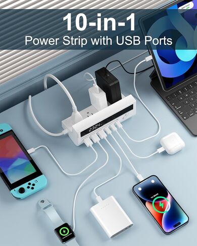 Power Strip with USB Ports, 10-in-1 Flat Plug Power Strip with Smart Display, Retro Game-Inspired USB Charging Station with 4 AC Outlets, 3 USB-C & 3 USB-A Ports, 5 FT Extension Cord (White) in Saudi Arabia