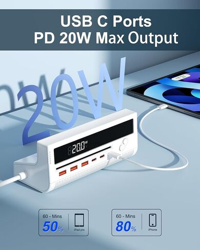 Power Strip with USB Ports, 10-in-1 Flat Plug Power Strip with Smart Display, Retro Game-Inspired USB Charging Station with 4 AC Outlets, 3 USB-C & 3 USB-A Ports, 5 FT Extension Cord (White) in Saudi Arabia