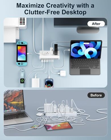 Power Strip with USB Ports, 10-in-1 Flat Plug Power Strip with Smart Display, Retro Game-Inspired USB Charging Station with 4 AC Outlets, 3 USB-C & 3 USB-A Ports, 5 FT Extension Cord (White) in Saudi Arabia