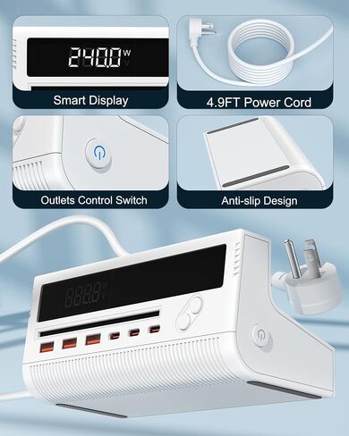 Power Strip with USB Ports, 10-in-1 Flat Plug Power Strip with Smart Display, Retro Game-Inspired USB Charging Station with 4 AC Outlets, 3 USB-C & 3 USB-A Ports, 5 FT Extension Cord (White) in Saudi Arabia
