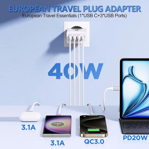 محول توصيل السفر الأوروبي ، 40W 4 PORT USB C European Charger PD 20W QC 3.0 Europe USB C Charger Block to Europe Plug Plug For iPhone 16 15 14 13 12 11 Pros Max XS X 8 ، Galaxy ، Android in Kuwait