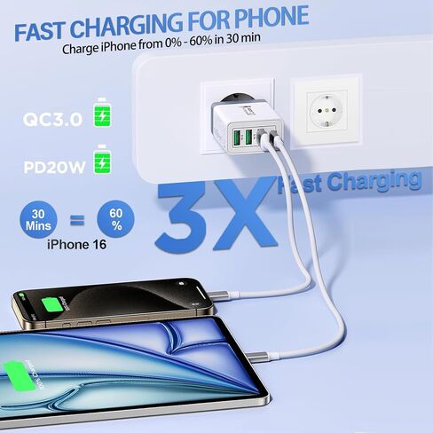 محول توصيل السفر الأوروبي ، 40W 4 PORT USB C European Charger PD 20W QC 3.0 Europe USB C Charger Block to Europe Plug Plug For iPhone 16 15 14 13 12 11 Pros Max XS X 8 ، Galaxy ، Android in Kuwait