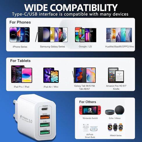 محول توصيل السفر الأوروبي ، 40W 4 PORT USB C European Charger PD 20W QC 3.0 Europe USB C Charger Block to Europe Plug Plug For iPhone 16 15 14 13 12 11 Pros Max XS X 8 ، Galaxy ، Android in Kuwait