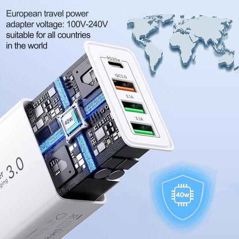 محول توصيل السفر الأوروبي ، 40W 4 PORT USB C European Charger PD 20W QC 3.0 Europe USB C Charger Block to Europe Plug Plug For iPhone 16 15 14 13 12 11 Pros Max XS X 8 ، Galaxy ، Android in Kuwait