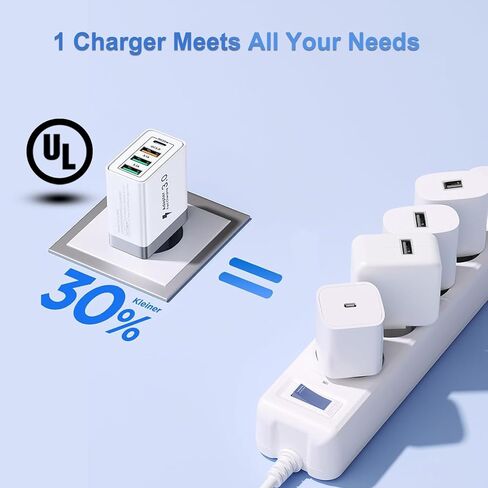 محول توصيل السفر الأوروبي ، 40W 4 PORT USB C European Charger PD 20W QC 3.0 Europe USB C Charger Block to Europe Plug Plug For iPhone 16 15 14 13 12 11 Pros Max XS X 8 ، Galaxy ، Android in Kuwait