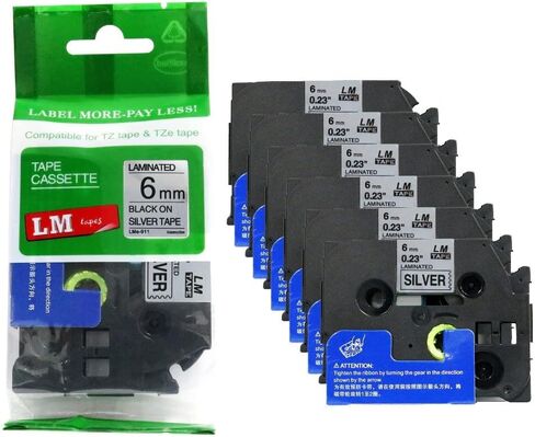 6/Pack LM Tapes - LMe911 Premium 1/4" Black Print on Silver Label Compatible with Brother TZe911 P-Touch Tape Includes a Tape Color/Size Guide. Replaces TZe-911 6mm 0.23 Laminated in Kuwait