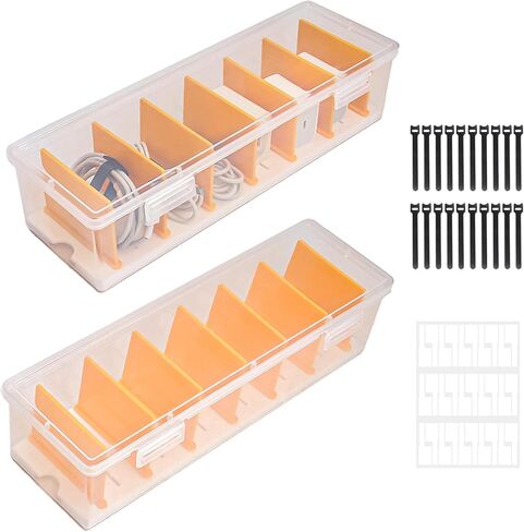 Klmnop 2 Pack Cable Cable Organizer Box مع 20 Ties Ties 30 ملصقات الكابلات ، صندوق تخزين سلك بلاستيكي واضح مع غطاء ، منظم شاحن الهاتف لدرج مكتب المكتب المنزلي (Clear) in Saudi Arabia