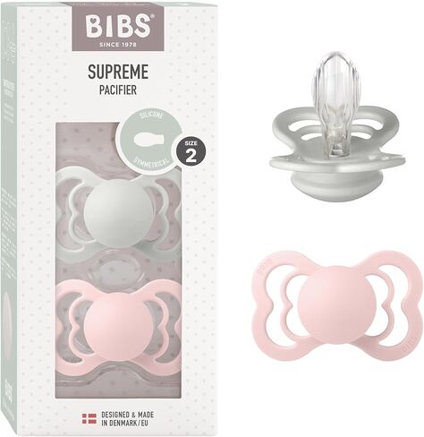 BIBS Supreme Baby Pacifier 2-Pack | Made in Denmark | BPA Free Dummy Soother, Symmetrical Nipple. Silicone, Size 2 (6-18 Months), Haze / Blossom in Saudi Arabia