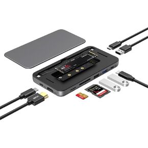 QWIIZLAB USB C Hub with SSD Enclosure, Docking Station for Mac Mini/Stuido MacBook Air/Pro, Type-C 10Gbps, HDMI 4K@60Hz, PD 100W, Card Readers 104MB/s, Fits M.2 NVMe & SATA SSD