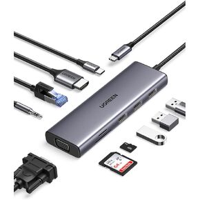 UGREEN USB C Hub, 10-in-1 USB-C Dongle with 4K HDMI & VGA Dual Monitor, 1Gbps Ethernet, 100W PD, 3 USB 3.0 Ports, 3.5mm Audio Jack, SD/TF Card Slots, USB C Hub Multiport Adapter for Laptop, Tablet