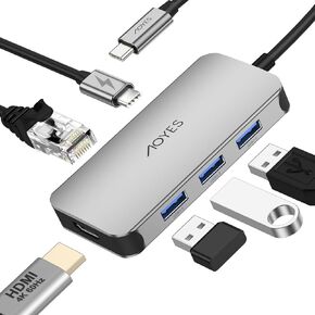USB C Hub, USB C to HDMI 4K@60Hz Adapter, Aoyes 6-in-1 USB C Dongle, USB Hub with 1000M Ethernet, 100W Power Delivery, 3 USB 3.0 Ports, for MacBook Air, MacBook Pro, Surface Pro, XPS, iPad, and More.