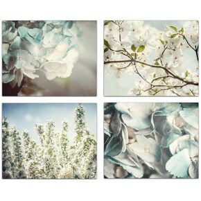 Blue Shabby Chic Flower Wall Art Set of 4 SMALL 5x7" Unframed Prints - Pastel Blue, White Pretty Floral Decor Pictures for Bathroom, Bedroom, Nursery or Office