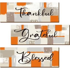3 Pcs Orange Bathroom Decor Thankful Grateful Blessed Wall Signs Orange Wall Decor Wooden Hanging Wall Art Decoration for Living Room Bedroom Farmhouse Office