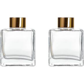 2PCS 50ml/1.7oz Empty Clear Glass Diffuser Bottle Diffuser Jars with Gold Cap Small Square-Shaped Essential Oil Container Fragrance Accessories Use for DIY Replacement Reed Diffuser Set