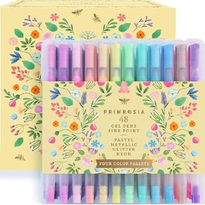 Primrosia 48 Gel Pens for Adult Coloring Book and Bullet Journal Pens no bleed through in Glitter Pastel Metallics Neon Shades, 7.5x More Ink Fine Point Markers Set