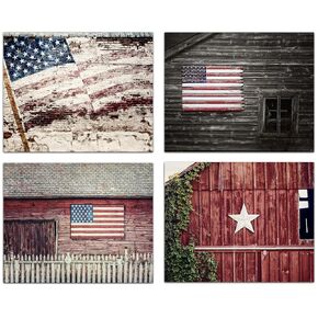 Patriotic Rustic Farmhouse Decor - Barns with American Flags - Set of 4 8x10" Prints - Not Framed - Americana USA Country Pictures - Red White Blue - Living Room, Kitchen Decor