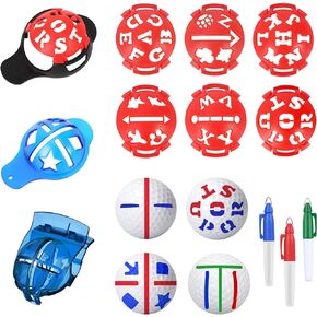 Golf Ball Marker, 6× Letter Stencils Kit, 2× Ball Markers Stencils, 3× Color Line Markers Pens, Golf Ball Marking Alignment Tool Kit