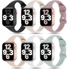 6 Pack Thin Bands Compatible with Apple Watch Band 38mm 40mm 41mm 42mm 44mm 45mm 49mm Women Men, Sports Silicone Narrow Strap Slim Wristband for iWatch Series 9 8 SE 7 6 5 4 3 2 1 Ultra