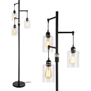 Airposta Industrial Floor Lamp with On/Off Dimmable Switch, 3-Head Rustic Tree Standing Lamp, Edison Bulb 40W Retro Tall Glass Floor Light for Living Room, Reading, Office, Bedroom, Black
