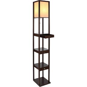 Brightech Maxwell Drawer Edition - Modern Shelf Floor Lamp with Drawer - Corner Display Floor Lamps with Shelves for Living Room, Bedroom and Office - Havana Brown