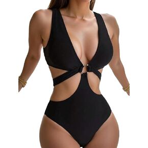 MakeMeChic Women's Cut Out Ring Linked One Piece Swimsuit Plunge Neck Monokini Bathing Suit