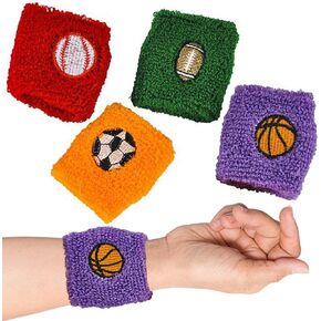 ArtCreativity Sports Ball Wrist Sweatbands, Set of 12 Sporty Wristbands in Assorted Colors with Soccer, Basketball, Baseball, & Football Designs, Sports Themed Party Favors, Goodie Bag Filler for Kids