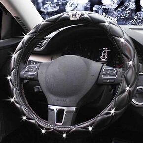 Full Sparkly Rhinestone car Steering Wheel Cover Universal Leather Steering Wheel Cover Auto Car Styling Interior Decor Accessories (Black leather+White diamond)