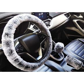 3Pcs/Set Fashion Faux Wool Fur Furry Steering Wheel Cover,Short Hair Soft Fluffy Handbrake Cover,Gear Shift Cover,Universal Thickening Fuzzy Warm Non-Slip Auto Interior (Automatic,Black Grey)
