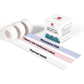 Phomemo D30 Labels-15mm x 6m Continuous Label Maker Tape, Sticker Thermal Paper Self-Adhesive Label Tape for Phomemo D30 Label Printer, White,3 Rolls