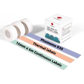 ملصقات Phomemo D30 - شريط صانع ملصقات مستمر 15 مم × 6 متر، شريط لاصق ذاتي اللصق من الورق الحراري لطابعة ملصقات Phomemo D30، شريط ملصقات أبيض وردي أرجواني، 3 لفات