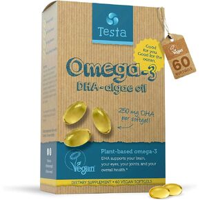 Testa Omega 3 Supplement - 250mg DHA from Algae Oil - Vegan Omega 3 - Supports Brain, Eye & Joint Health - Not from Fish, Pure Algae Capsules - Two Months Supply