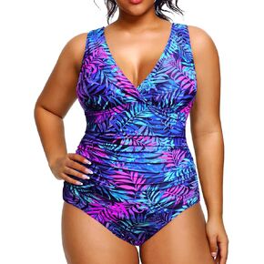 Aqua Eve Women Plus Size One Piece Swimsuits Tummy Control Bathing Suits V Neck Ruched Swimwear