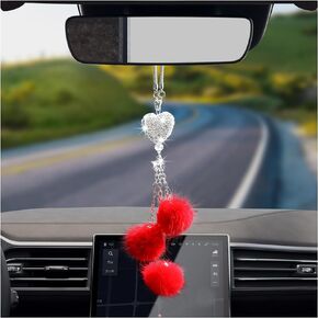 Bling Car Hanging Ornament, Cute Love Heart and Pink Plush Ball Rear View Mirror Pendant for Women Girls, Crystal Auto Rearview Mirror Charm Decor Accessories for All Vehicles (Black)
