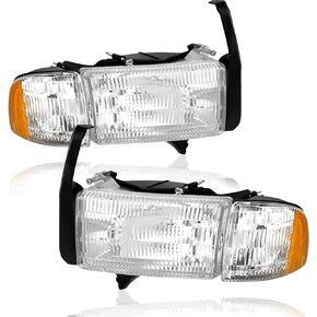 Headlight Assembly for 1994-2001 Dodge Ram 1500,94-02 Ram 2500 3500 Headlights Headlamp Replacement (Non-Sport Models), Chrome Housing Clear Lens